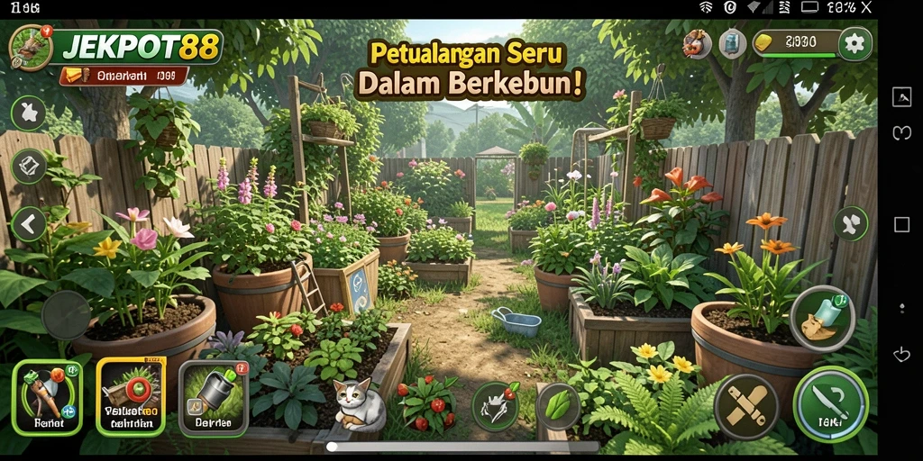 Tampilan gameplay JEKPOT88 dengan ladang yang subur dan hewan ternak.